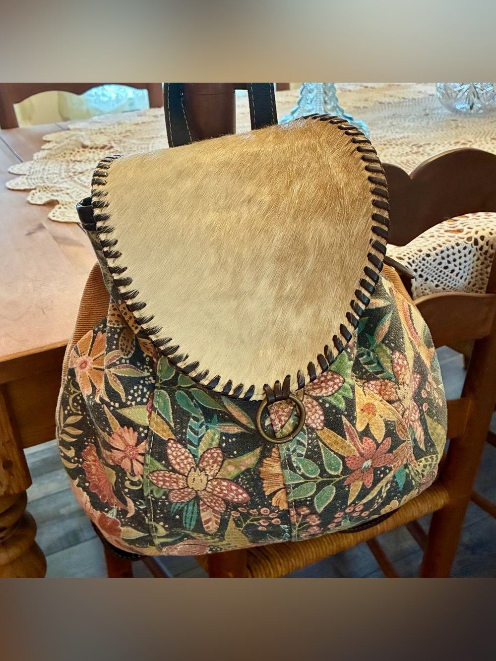 Myra Bag Women's Floral Tapestry Backpack with Tan Haircalf Flap